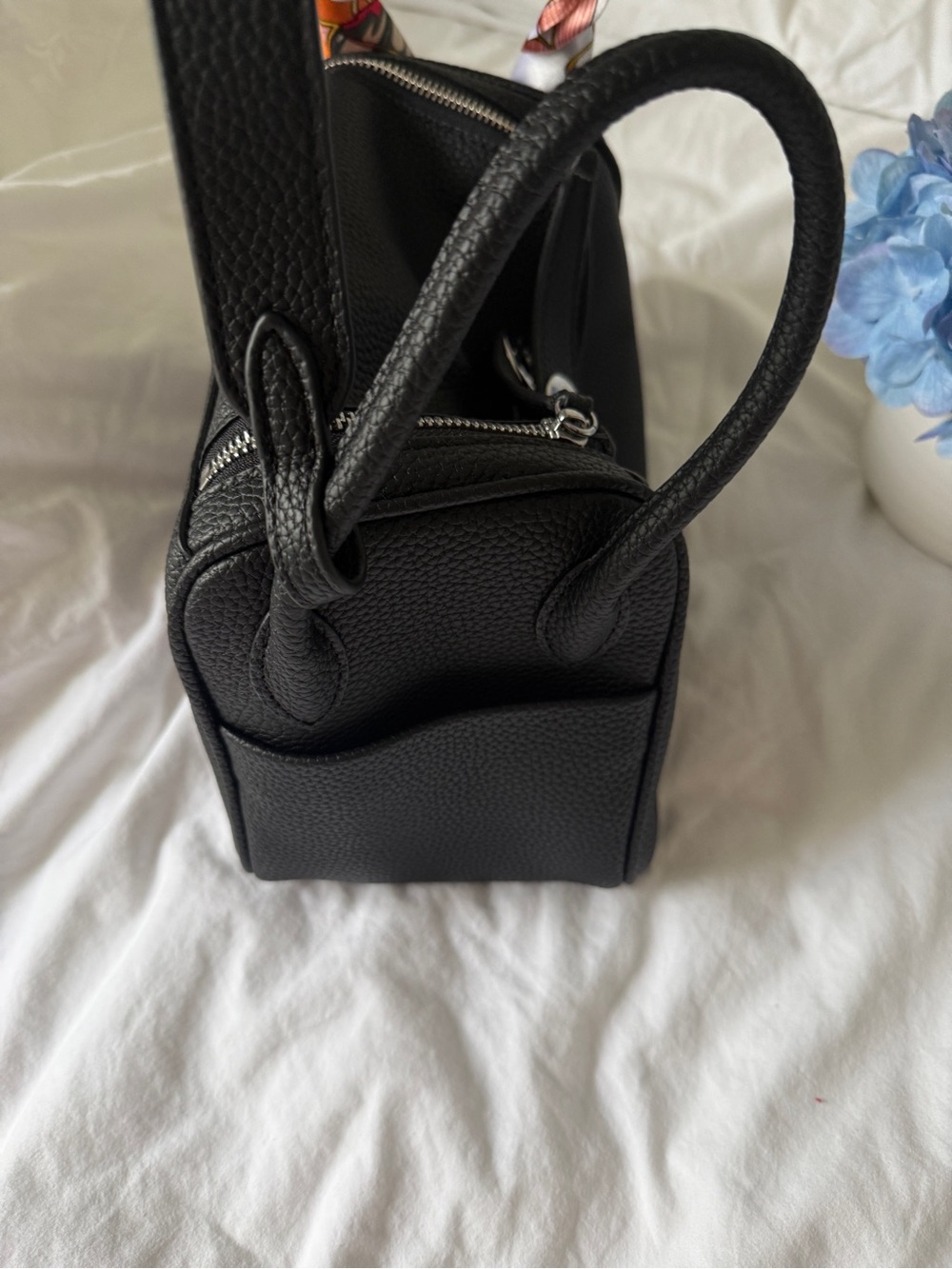 Black Pebbled Leather Shoulder Bag with Orange Accent Scarf - Picture 2 of 7